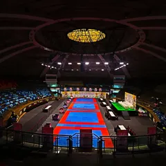 The calm before the storm. The world-class Talkatora Indoor Stadium in New Delhi, fully prepared for the 19th All India Independence Cup Karate Championship, where India's best compete.