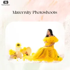 A simple and clean graphic advertising my maternity photoshoots, featuring the bright and sunny yellow gown session. It's a welcoming image for new parents starting their journey to capture memories.