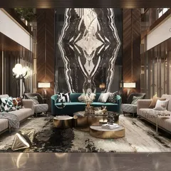 In this triple-height living room, the focus is a stunning book-matched marble slab that extends to the ceiling. I used mirrors on the flanking walls to enhance the sense of space and reflect the intricate design details.