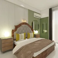 A bedroom measuring 16'11" by 12'3" designed with soothing shades of white, green, and wood. The classic upholstered bed with a wooden frame is the centerpiece, complemented by modern wardrobes and wall paneling.