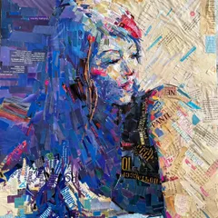 This portrait of a "tanned woman" is a paper collage by artist Sunil Vyas. By layering pieces of magazines and newspapers, he creates a textured and complex image that is both abstract and figurative.