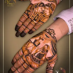 This groom's mehndi combines a varmala scene with a depiction of Radha Krishna, blending personal and divine love stories. Learning to layer narratives is a key part of our advanced curriculum.