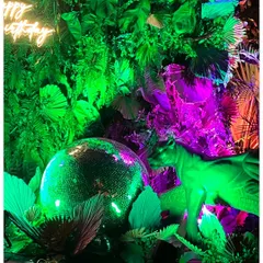 Details make the theme. For a "Neon Jungle" party, I combined a massive disco ball with a custom neon 'Happy Birthday' sign and animal props, all bathed in dramatic green and purple light to create a wild, glamorous photo corner.