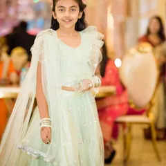 A sweet young girl dressed in a light mint green lehenga with a ruffled dupatta. This outfit is perfect for a Mehendi function or a summer wedding.