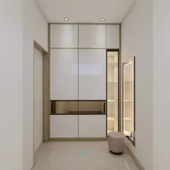 A render of a sleek, white, floor-to-ceiling wardrobe with a built-in, lit-up vanity niche.