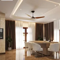 We create dining halls designed for memorable gatherings. This visualization features a spacious dining area with a large wooden table, elegant upholstered chairs, and a modern recessed ceiling with integrated lighting, all contributing to a warm and sophisticated environment.