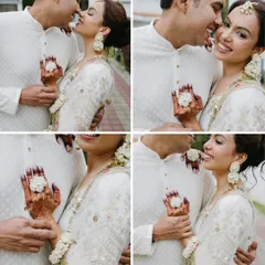 A collage of a couple sharing tender and playful moments, highlighting their close bond and happiness through a series of candid shots.