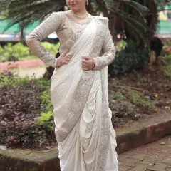 Nothing says 'मराठमोळं' like a classic Nauvari saree. This elegant white pre-stitched Nauvari is surprisingly easy to wear and perfect for weddings, pujas, or any traditional Maharashtrian function.