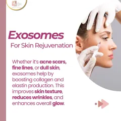 For skin rejuvenation, exosomes work by boosting collagen and elastin production. This helps improve skin texture, reduce wrinkles, and enhance your overall glow, making it an effective treatment for acne scars, fine lines, and dull skin.