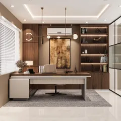 We design leadership spaces that command respect. This 3D visualization of a boss cabin for an upcoming CA office project shows our approach to modern executive suites, featuring sleek glass walls for transparency and a custom-designed desk that combines luxury with practical storage.