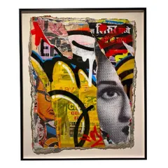 A finished décollage piece, framed and ready for a gallery or a private collection. I layer found street posters with my own graffiti and imagery, creating a textured canvas that brings the city wall indoors.