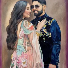 This custom couple portrait features stunning, colorful outfits that were a joy to paint. I focused on the intricate embroidery on the groom's jacket and the flowing fabric of the bride's lehenga.