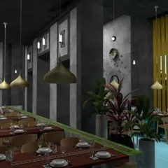 A 3D visualization of a restaurant interior concept. The design features an industrial aesthetic with exposed ceiling infrastructure, concrete-finish pillars, and warm pendant lighting over long communal tables.