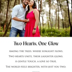 A quiet moment of joy between two hearts, set against a lush forest backdrop. This pre-wedding photograph, titled "Two Hearts, One Glow," is all about capturing the pure, unfiltered love that shines brightest when you are together.