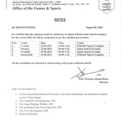 An official notice for the selection trial schedule for Jamia Schools. It clearly lists the date, time, and venue for cricket, hockey, football, and basketball trials. Being prepared for this day is crucial.