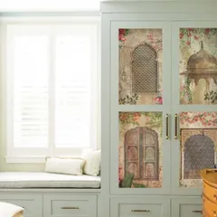 A duplicate of image 37, this view reinforces the concept of using wardrobes as a canvas. The detailed artwork adds depth and a story to the room, proving that functional furniture can also be the centerpiece of your decor.