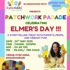 The poster for our "Patchwork Parade" event, a special storytelling treat with puppets and props to celebrate Elmer's Day, perfect for kids aged 4 to 8.