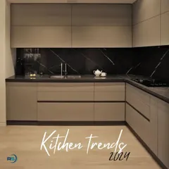 A trendy kitchen design for 2024, featuring beige cabinets paired with a dramatic black marble backsplash and countertop. The handleless design maintains a clean and uncluttered look.