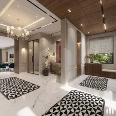 A perfect entrance sets the tone for the entire home. For this luxury residence in Bihar, we used bold geometric floor tiles, classical wall paneling, and a striking sculpture to create a grand and welcoming foyer that makes an immediate statement of elegance.
