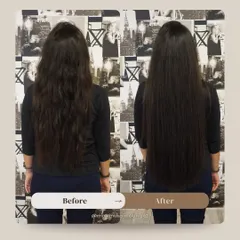 This transformation is a perfect example of correcting uneven length and adding density. The 'after' shows a full, healthy-looking head of hair with a clean, straight finish that looks completely natural.