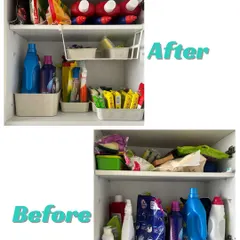 This before-and-after of a utility cupboard shows how a little structure can make a big difference. By using simple bins and stackable organizers, we turned a jumbled mess into a tidy, accessible space for cleaning supplies.