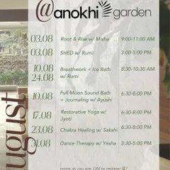 Our workshop schedule for the month of August. This calendar highlights a mix of offerings, from Restorative Yoga and Sound Baths to Chakra Healing and Dance Therapy.
