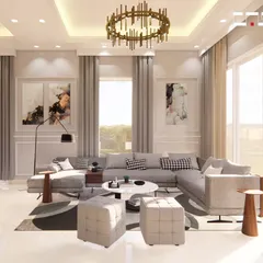 A focused view of the living area from the previous render. This angle highlights the layered textures, from the plush sofa and cushions to the patterned rug and smooth marble coffee table. Large windows allow for ample natural light, creating a bright and airy atmosphere.