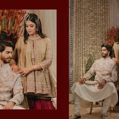 A diptych of posed portraits showcasing the couple's royal elegance. These shots highlight their stunning traditional attire and poised chemistry, creating a powerful and stylish statement.