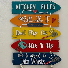 Add a splash of color and fun to your kitchen with my hand-painted "Kitchen Rules" wall decor. Each sign is crafted on wooden planks with quirky quotes and 3D elements, guaranteed to make everyone smile.