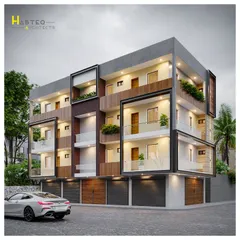 We designed this residential building for an 1800 sq. ft. three-side corner plot in Vishnu Garden. The facade features framed sections with varied materials like wood paneling and textured paint, demonstrating our capability in handling large-scale residential projects.