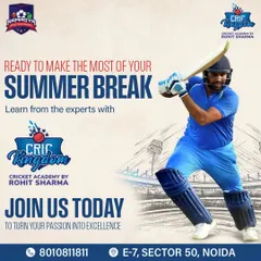 Make the most of your break by turning your passion for cricket into excellence. In collaboration with CricKingdom by Rohit Sharma, our programs offer a chance to learn from the experts. This poster highlights our summer program, designed to provide focused, professional cricket training.
