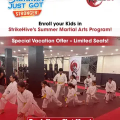 Our summer martial arts program is the perfect way to keep kids active and engaged. This graphic showcases a class of young students learning karate stances together.