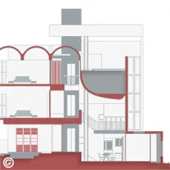 This architectural section drawing for the 'Belagavi Home' illustrates our design intent, showing how variations in levels and curved forms open up the interior volumes to light and air, reinterpreting vernacular principles in a contemporary way.
