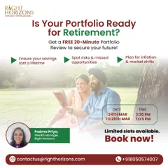 We offer a complimentary 20-minute portfolio review to help you prepare for retirement. This session with our wealth manager, Padma Priya, helps you spot risks, identify missed opportunities, and ensure your savings will last a lifetime.