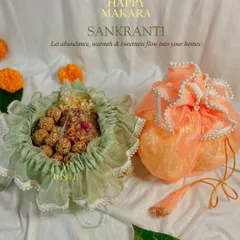 Our "Shubha Sankranti Pearl Potli" in soft pastel green and peach. These organza bags are filled with essentials like Ellu Bella, sugarcane, and chikkis.