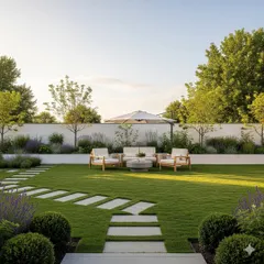 An example of our minimalist garden design, featuring a pristine natural lawn sectioned by a clean, modern pathway of stone pavers. The design incorporates carefully selected shrubs and a dedicated seating area for a calm, uncluttered aesthetic.