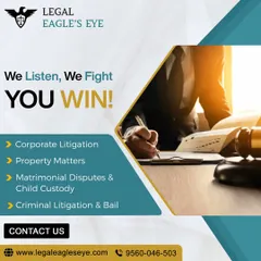 We listen, we fight, and you win. This graphic lists our core practice areas, including corporate litigation, property matters, matrimonial disputes, and criminal litigation.