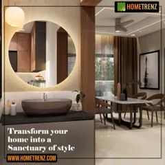 Transform your home into a sanctuary of style. This wash basin area features a large, circular backlit mirror that acts as a stunning focal point, with a vessel sink on a floating vanity.