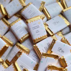 "Celebrating 6 wild years!" We created these jungle-themed custom mini chocolate bars for a child's birthday party, adding a fun and personal touch to the celebration.