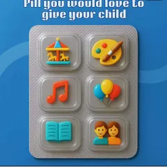 If only parenting had a magic pill! This image of a blister pack filled with activity icons perfectly captures our mission: to provide a dose of real fun and less screen time.