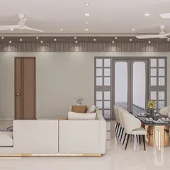 This design for a large apartment in Andheri shows how I approach expansive open-plan layouts. By using a consistent neutral color palette and distinct furniture groupings, I created separate, functional zones for living and dining that feel both spacious and connected.