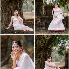 A collage of beautiful bridal portraits taken during a Haldi ceremony, with the bride in a lovely white and pink saree against a natural backdrop.