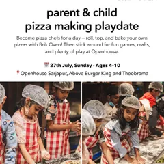 A poster for our parent and child pizza making playdate with Brik Oven. It invites families to become pizza chefs for a day, showing kids in aprons and hats, ready to cook.