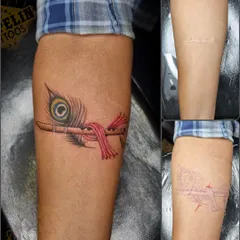 This collage shows how I concealed a forearm scar with a custom Krishna's flute tattoo. You can see the original scar, the stencil placement, and the final piece with its vibrant color and delicate shading, which integrates the scar seamlessly into the design.