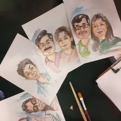 I offer a range of colorful caricature styles using watercolors and markers. This image shows a few examples of my couple and solo portraits, each one made to be a unique piece of art.