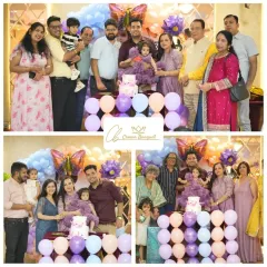 It's all about celebrating with family and friends. These group photos show everyone gathered for a cake-cutting ceremony, with a beautiful butterfly and balloon backdrop creating a festive party atmosphere.
