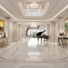 A grand foyer designed as a prelude to the extraordinary. The classical Corinthian columns, sweeping staircase, and a grand piano under a double-height ceiling create a symphony of light, space, and timeless elegance.