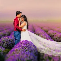 A dreamy pre-wedding photoshoot in a stunning lavender field. I work with couples to find unique locations and create epic, romantic images like this, using vibrant colors and dramatic landscapes to tell their love story before the big day.