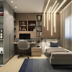 A complete bedroom and study solution for a compact room, featuring a bed, wardrobe, and desk integrated into one wall. The slatted wood panel with lighting adds a stylish touch.