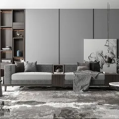 This sleek, dual-tone sofa with an integrated wooden console is the epitome of modern luxury. Its minimalist design offers both style and function, perfect for a contemporary living room.